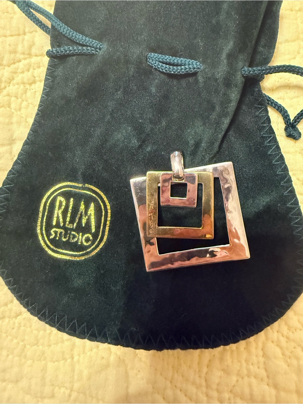 Robert Lee Morris RLM Studio Sterling Brass Hammered Square Pendant VGUC